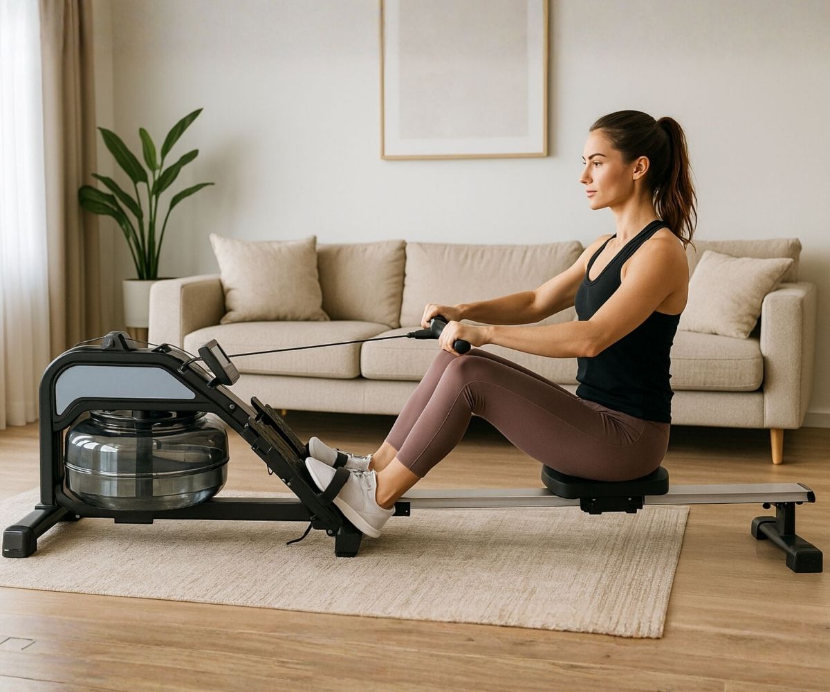 Ženska vadi na veslaški napravi za domačo fitnes vadbo v dnevni sobi