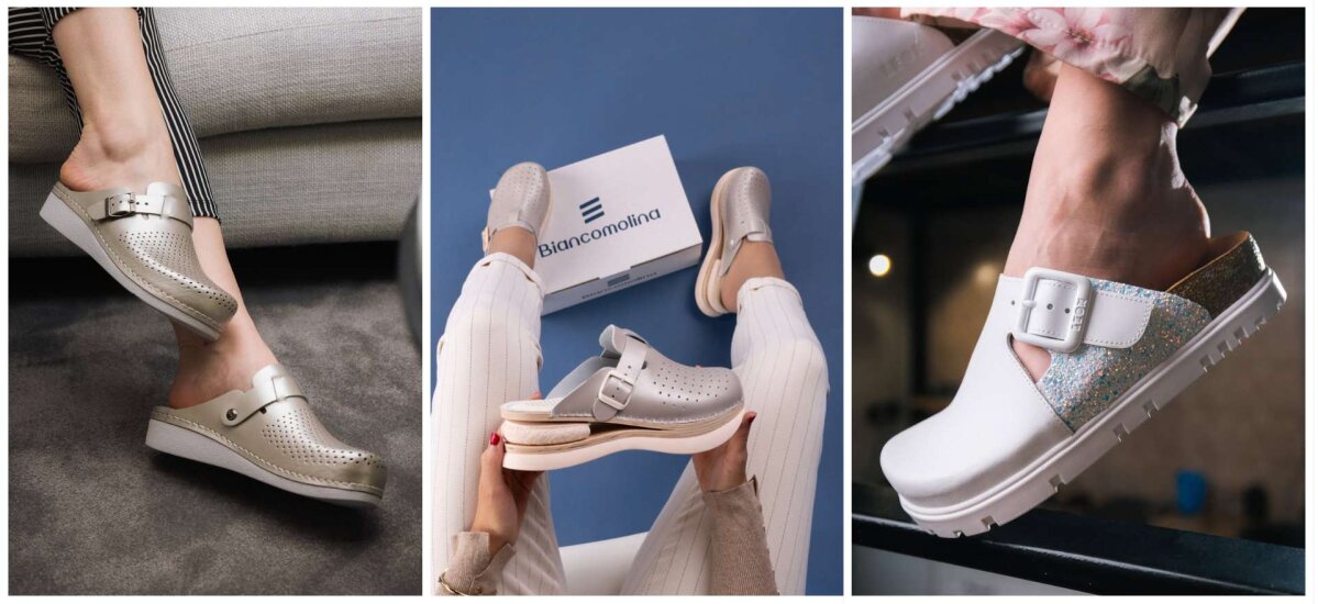 Prikazane so različne vrste modernih copat znamke Biano Comfort. Copati so udobni in trendy, izdelani iz različnih materialov, vključno s tkanino in usnjem. Na voljo so v različnih barvnih odtenkih, kot so srebrna, bela in pestra kombinacija barv.